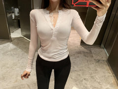 Korean Spring 2020 Sexy Lace-Trim Buttoned Top