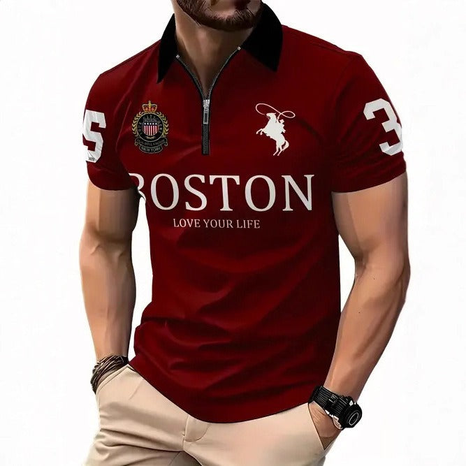 Men's 3D Digital Print Zip-Up Polo Shirt