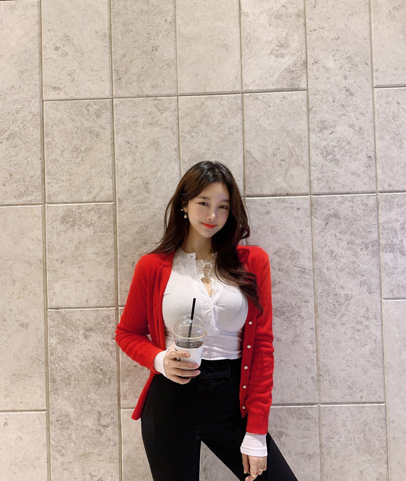 Korean Spring 2020 Sexy Lace-Trim Buttoned Top